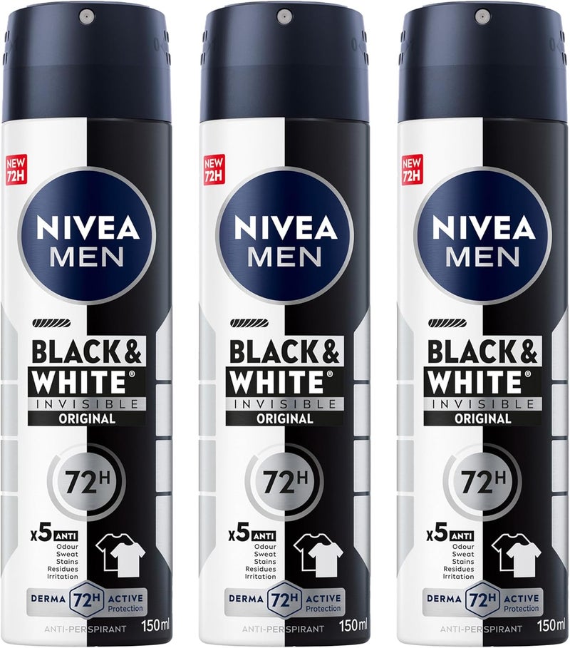 NIVEA MEN Antiperspirant Spray, Black & White Invisible Protection Original, 3x150ml - Image 1